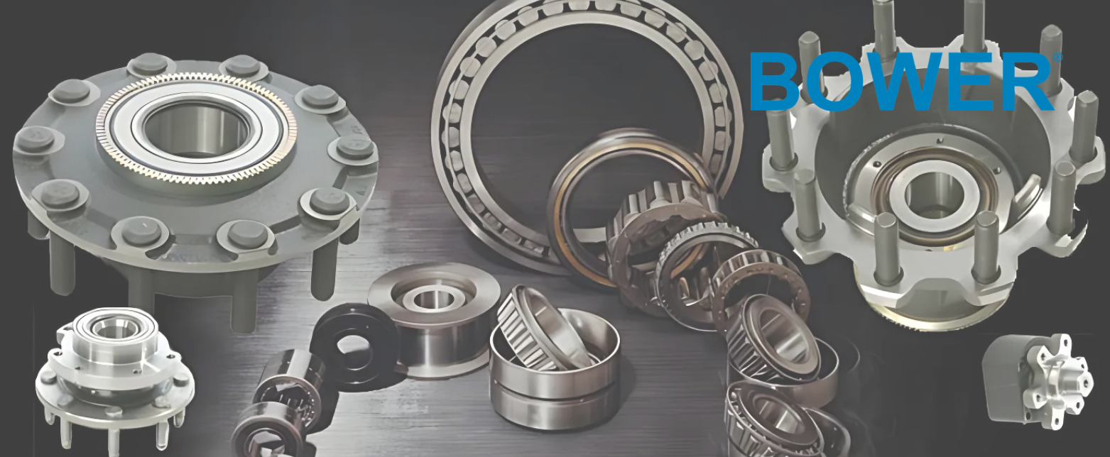 A collage of Bower heavy-duty wheel end components, including tapered roller bearings and wheel hub assemblies for commercial vehicles.