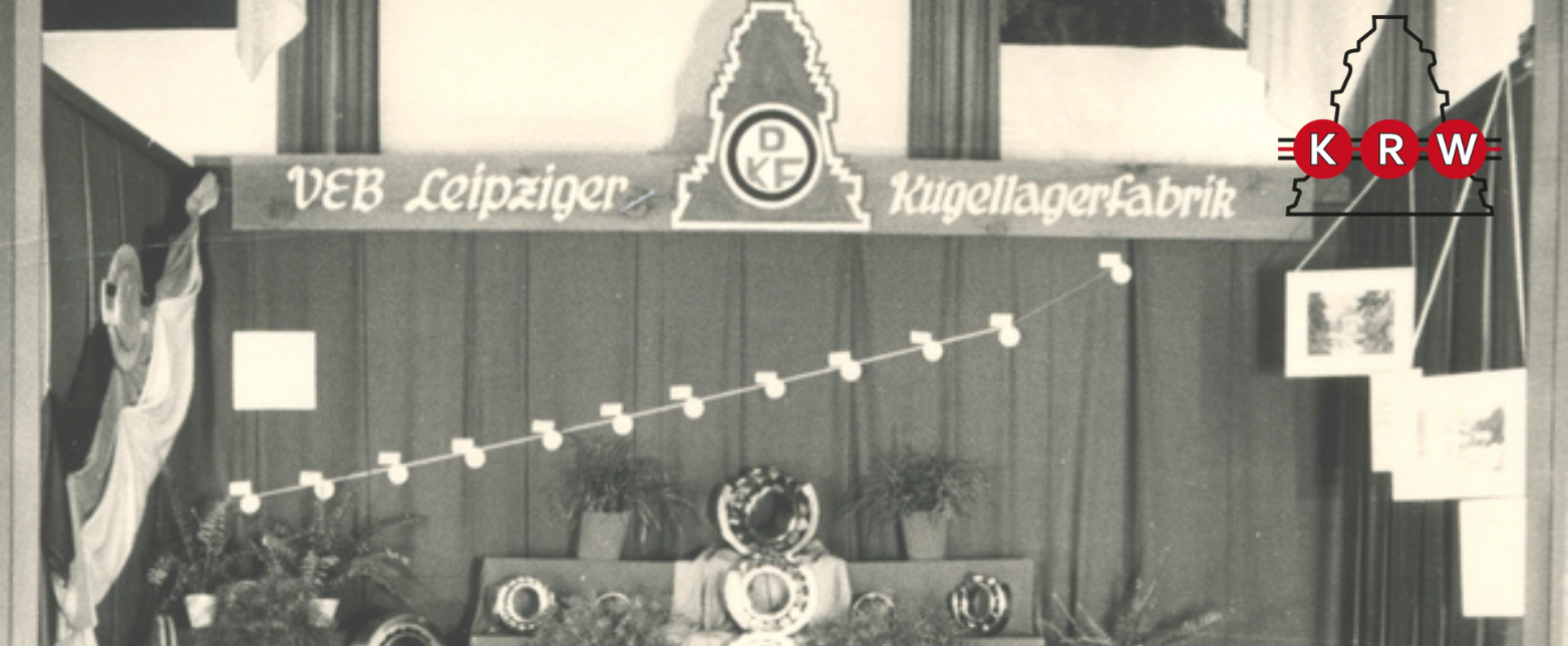 A historic photo of the VEB Leipziger Kugellagerfabrik (now KRW), showcasing the German bearing manufacturer's long company history at an exhibition.