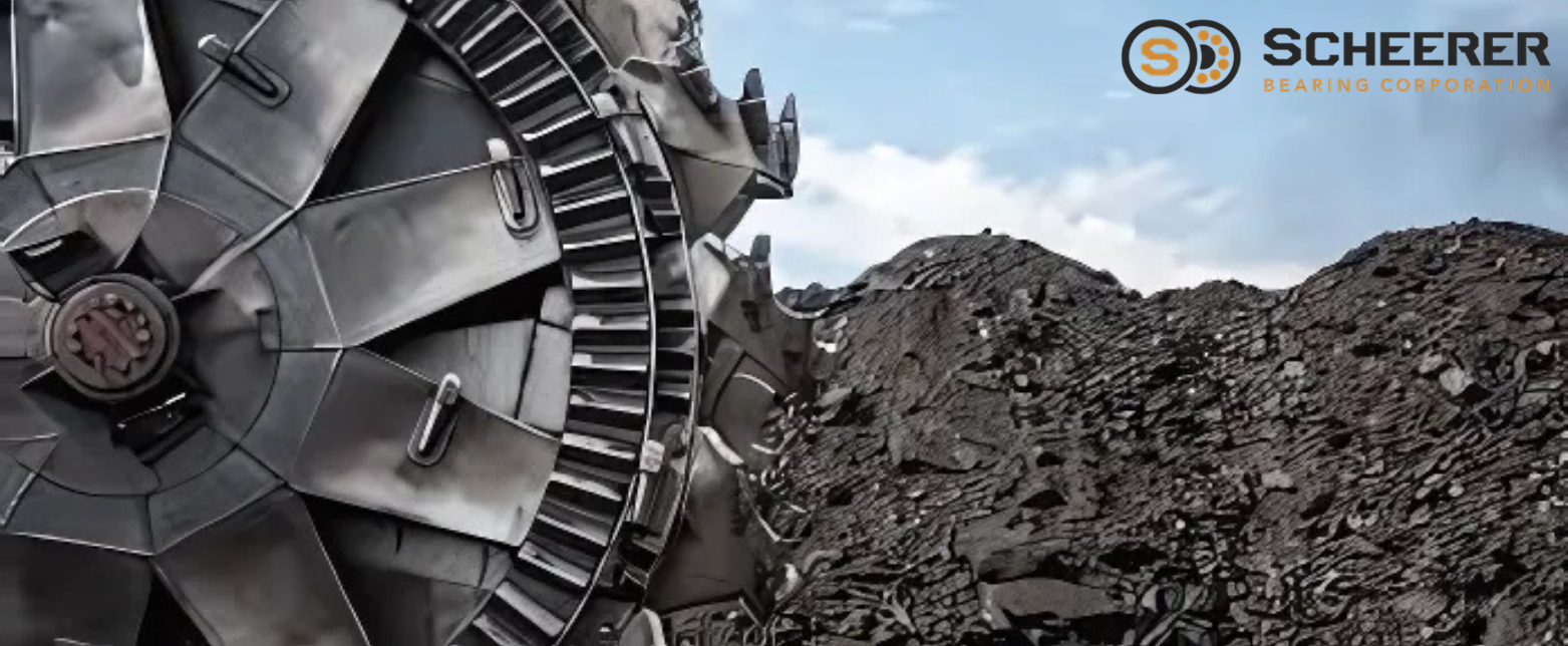 A Scheerer spherical roller bearing shown over a bucket-wheel excavator, highlighting heavy-duty bearings for mining and industrial machinery.