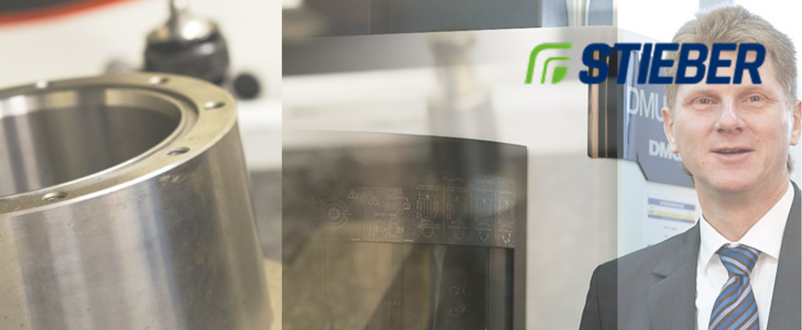 A hero image collage for Stieber, showcasing precision-machined clutch components, factory processes, and company leadership.